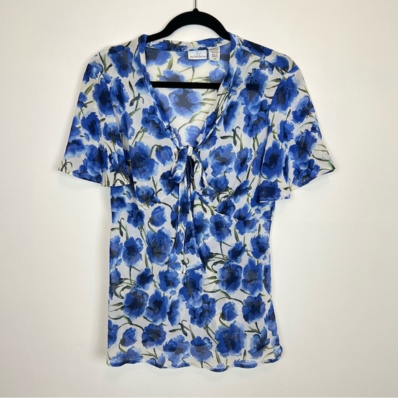 VTG Jaclyn Smith Blue White Floral Two Piece Set Sheer Top Midi Skirt sz Large - Picture 1 of 13